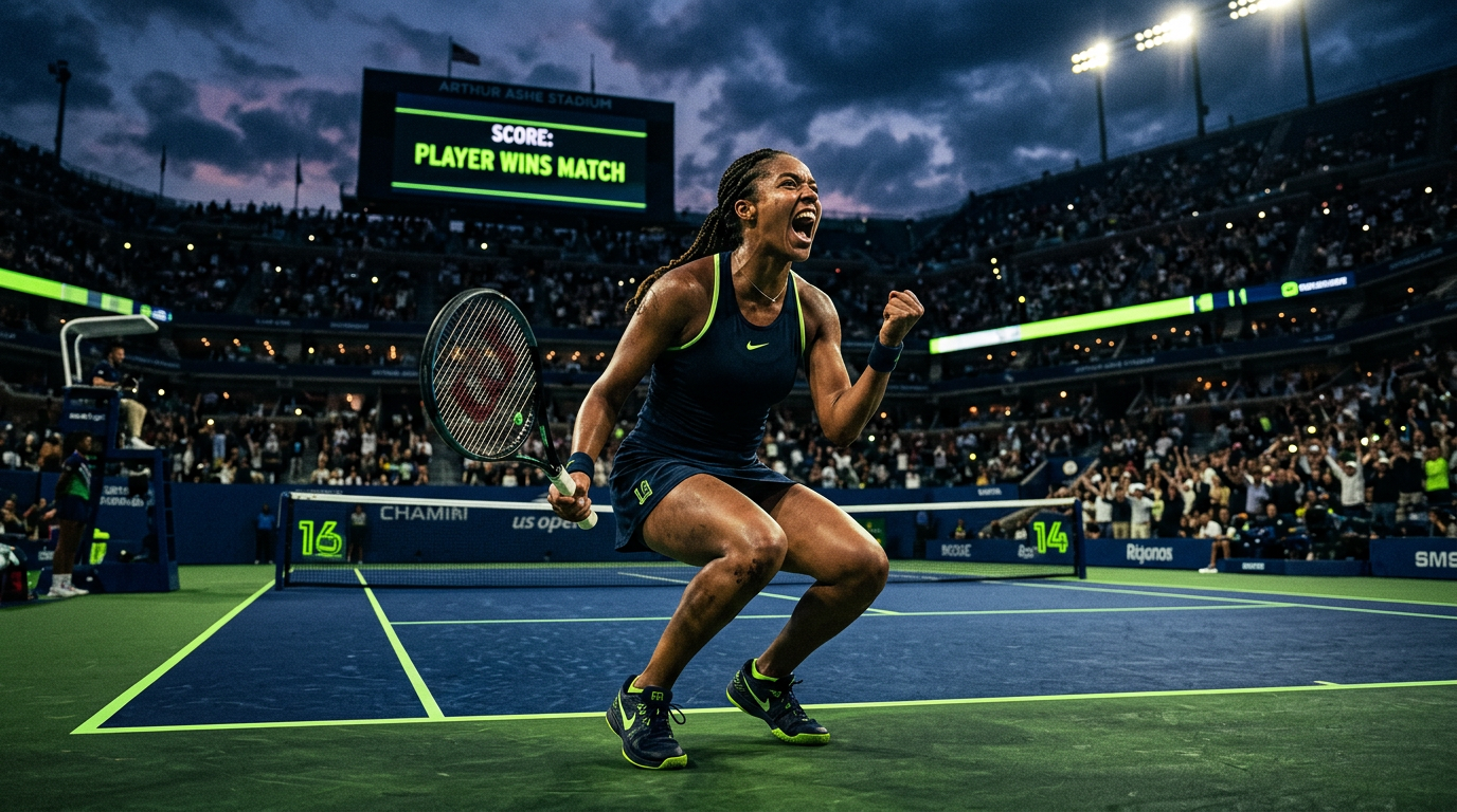 Competitive tennis player celebrating a winning point